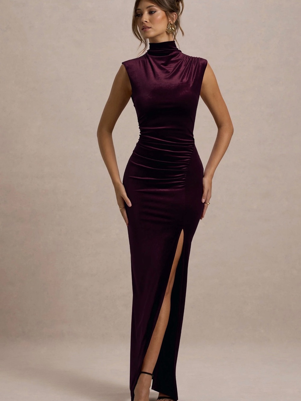 Club L London Sleeveless High-Neck Velvet Maxi Dress in Plum